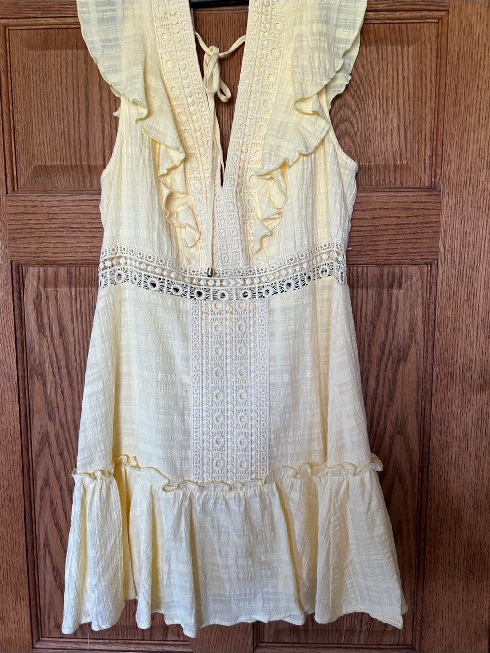 Yellow Ruffle Lace-Detail Mini Dress